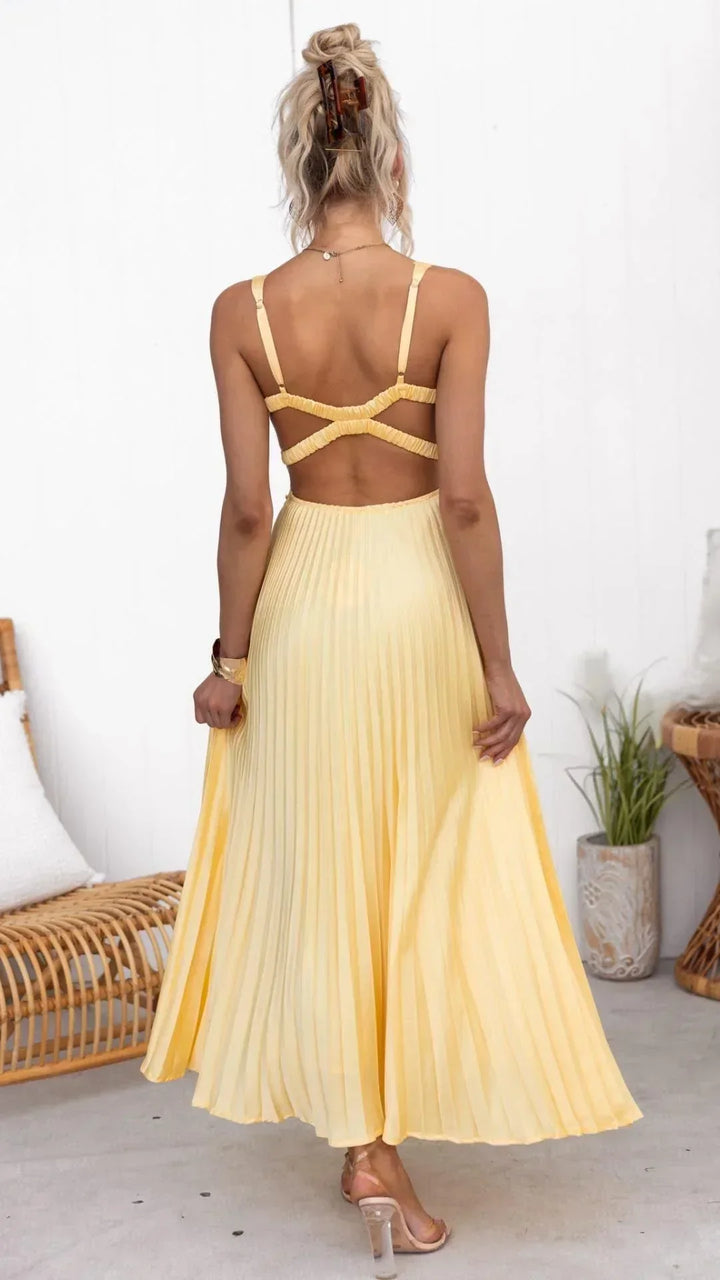Women's V-Neck Pleated Maxi Dress