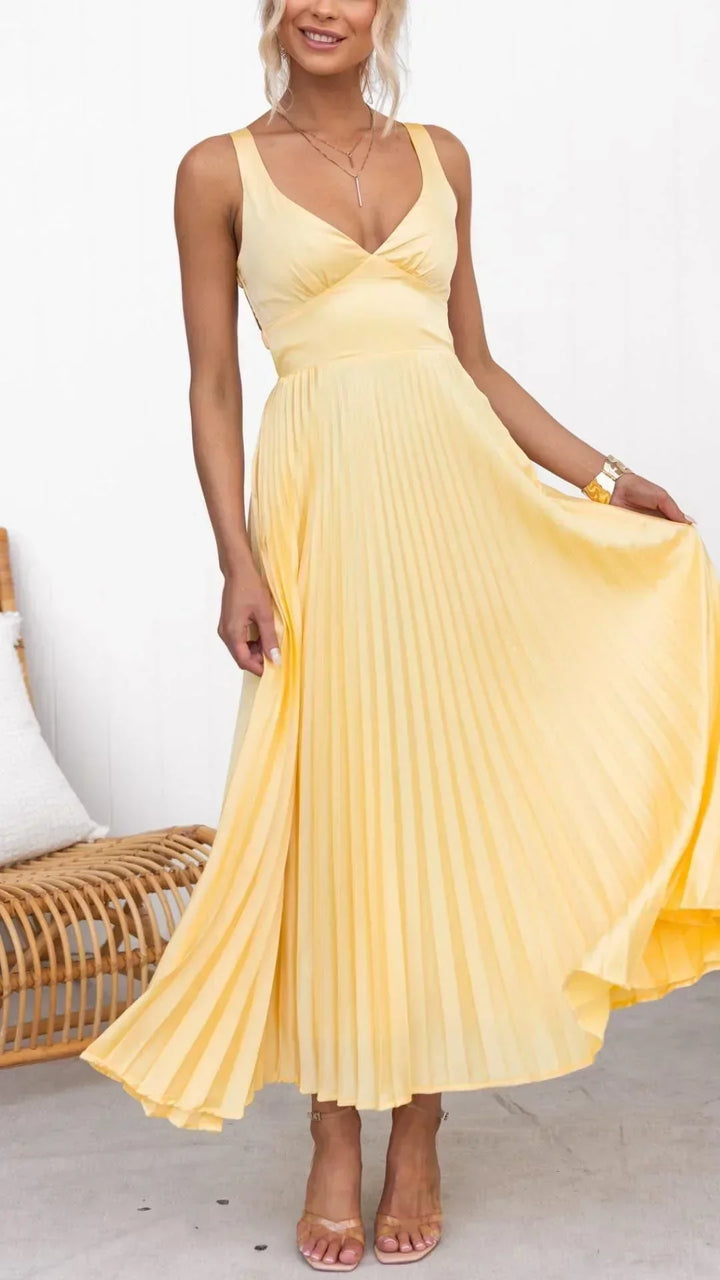 Women's V-Neck Pleated Maxi Dress
