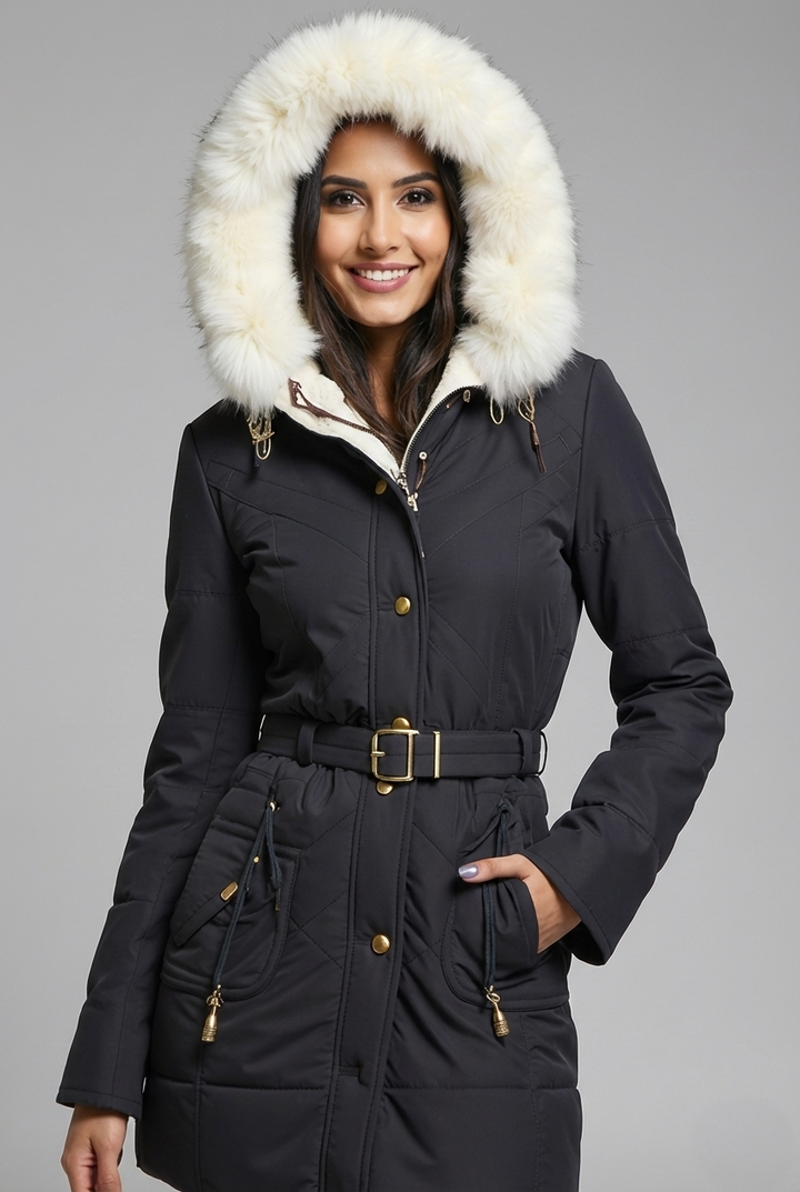 Women’s Frost-Glow Belted Parka - Plush Hood Trim