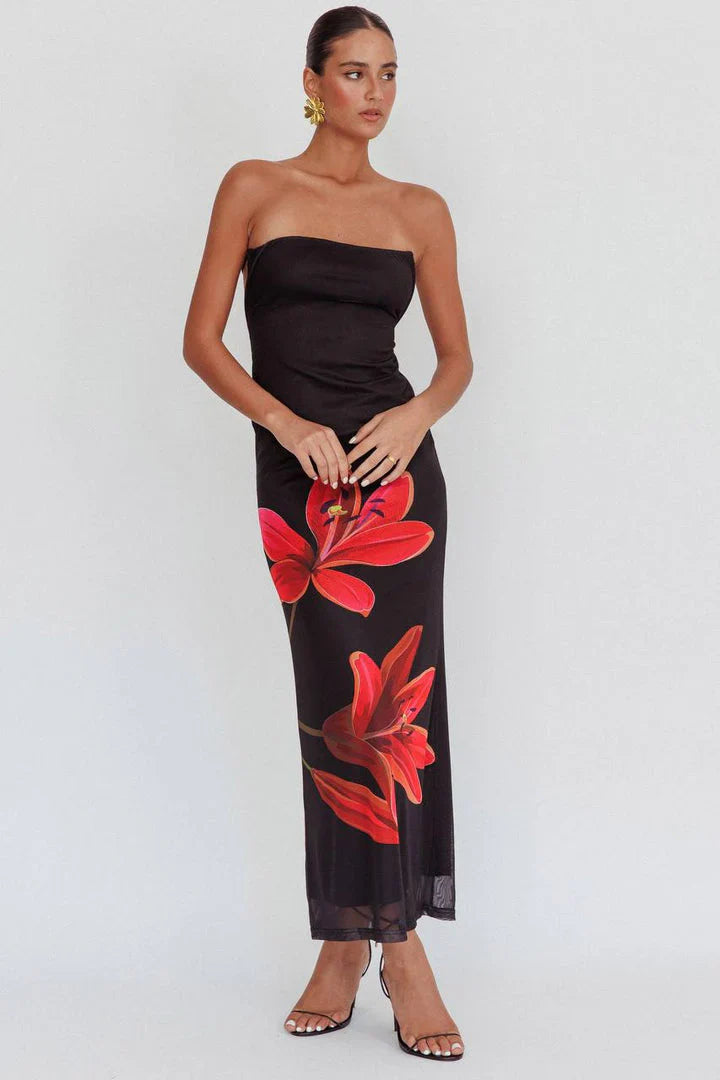 Cynthia - Midnight Bloom Strapless Maxi Dress – Victoria Muse