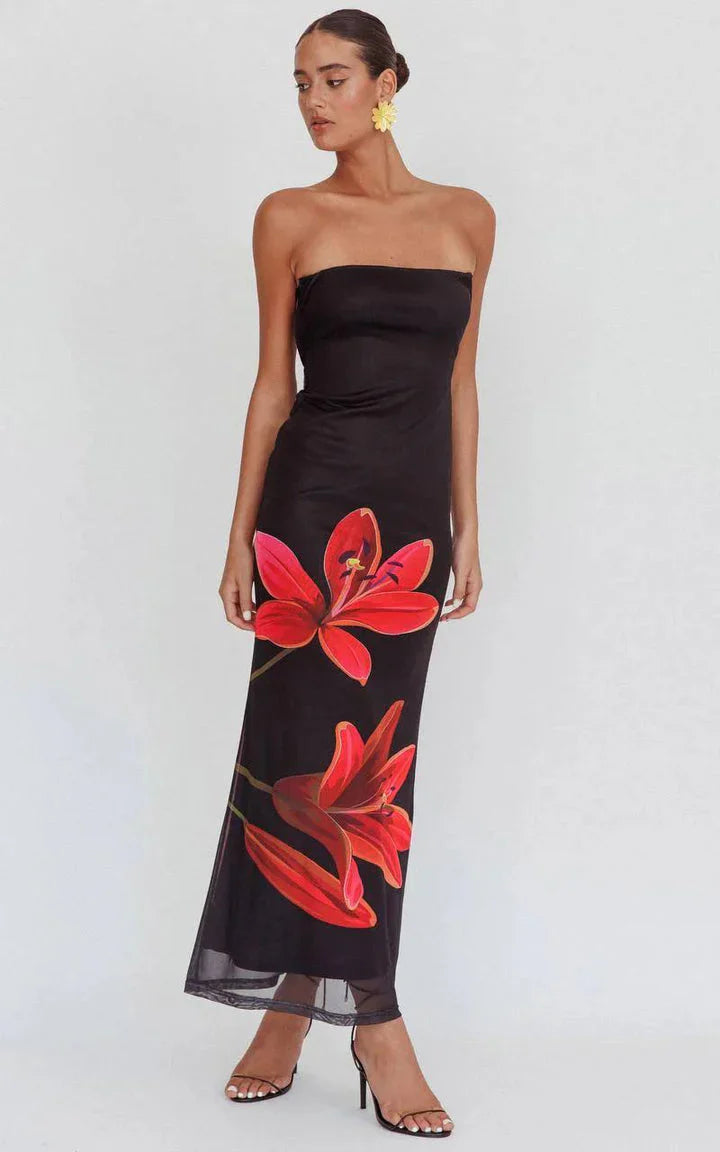 Cynthia - Midnight Bloom Strapless Maxi Dress – Victoria Muse