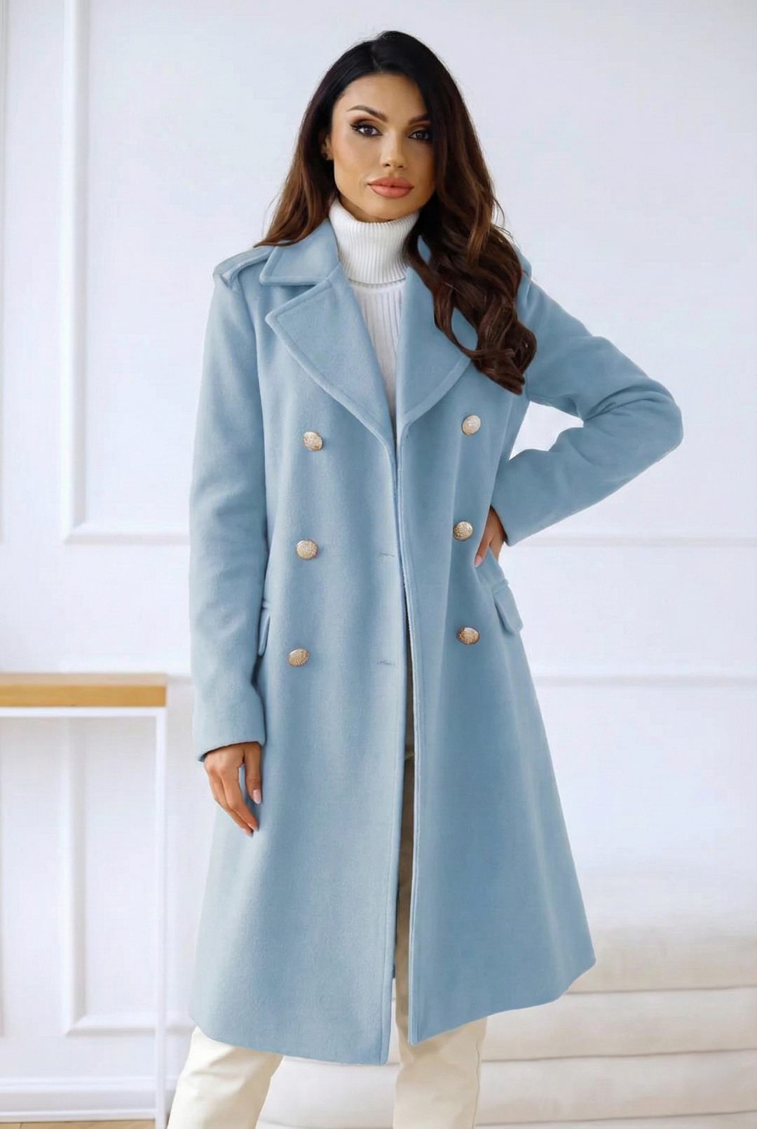 Women’s Double-Breasted Longline Coat - Tailored Button Detail Overcoat