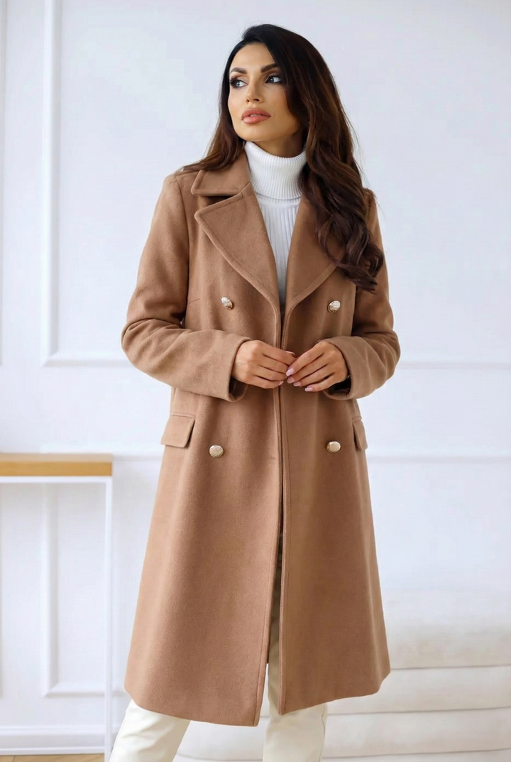 Women’s Double-Breasted Longline Coat - Tailored Button Detail Overcoat