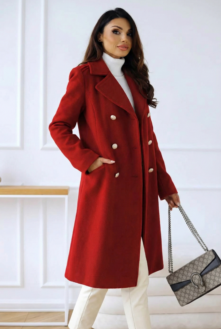 Women’s Double-Breasted Longline Coat - Tailored Button Detail Overcoat