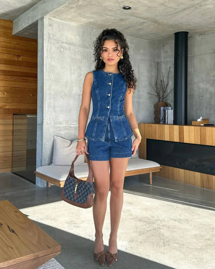 Women’s Denim Gilet & High-Waist Shorts Set