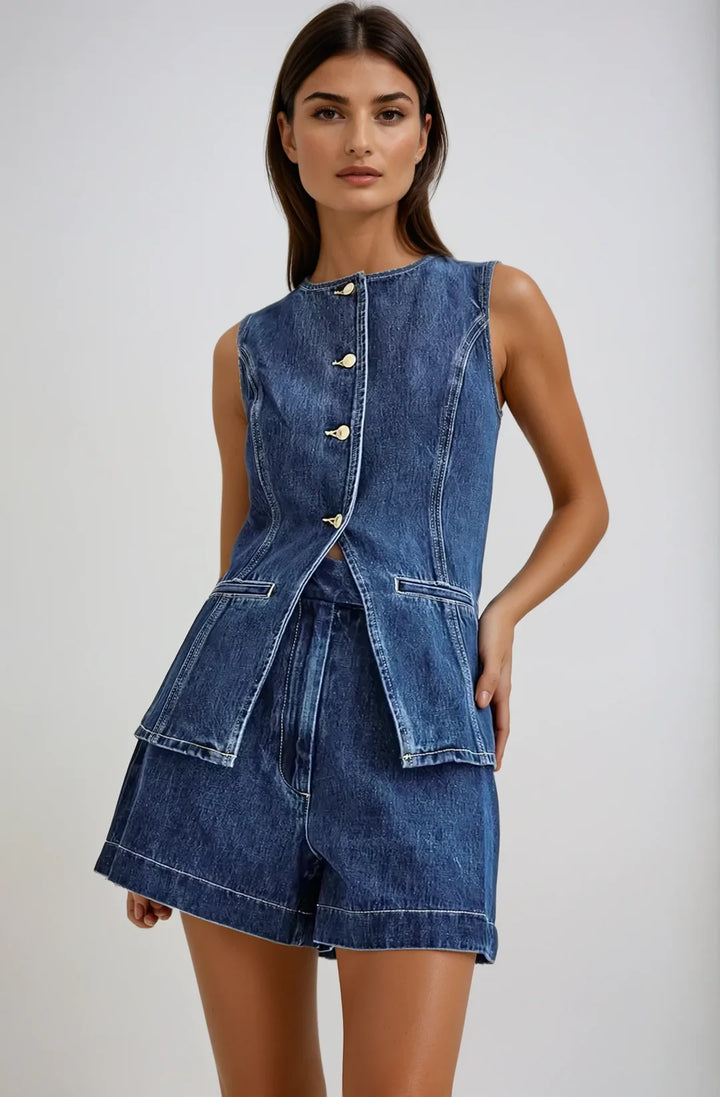 Women’s Denim Gilet & High-Waist Shorts Set