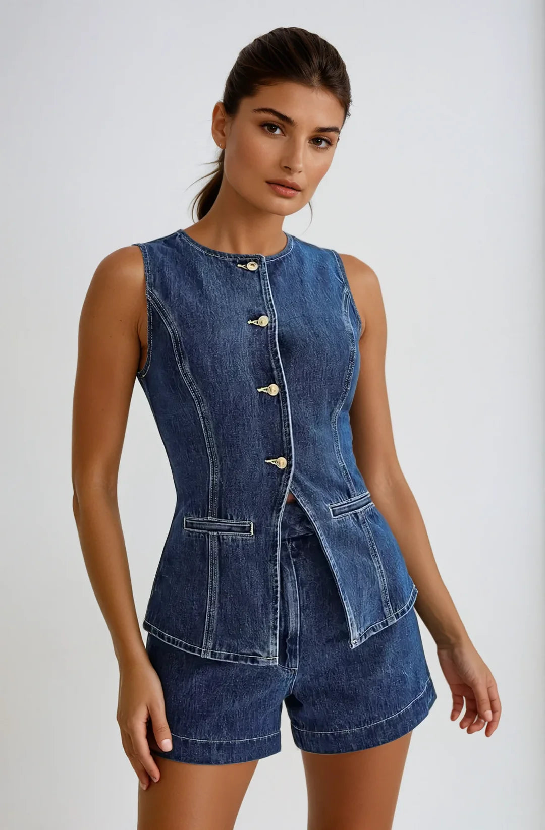 Women’s Denim Gilet & High-Waist Shorts Set