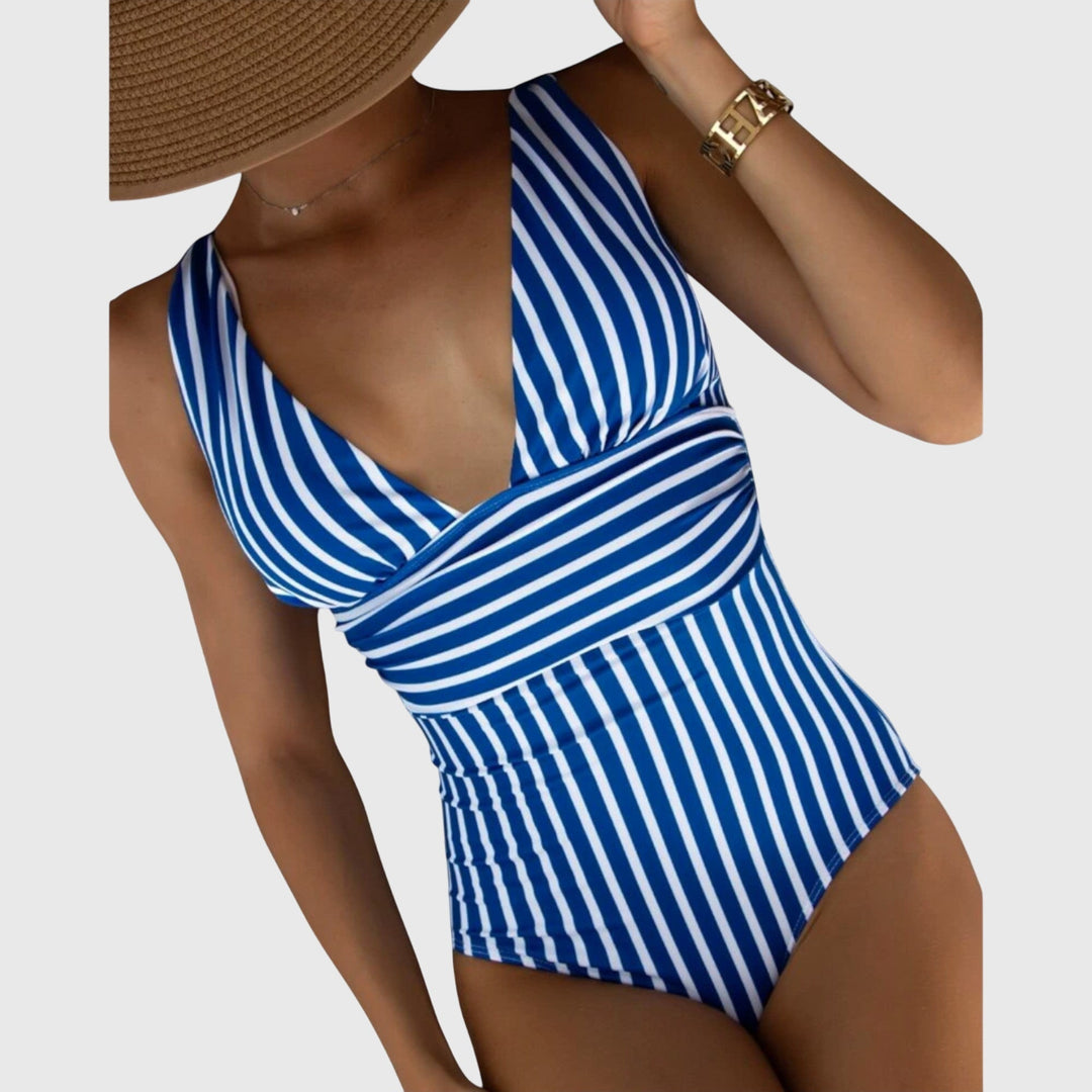 Women's Striped V-Neck One-Piece Swimsuit