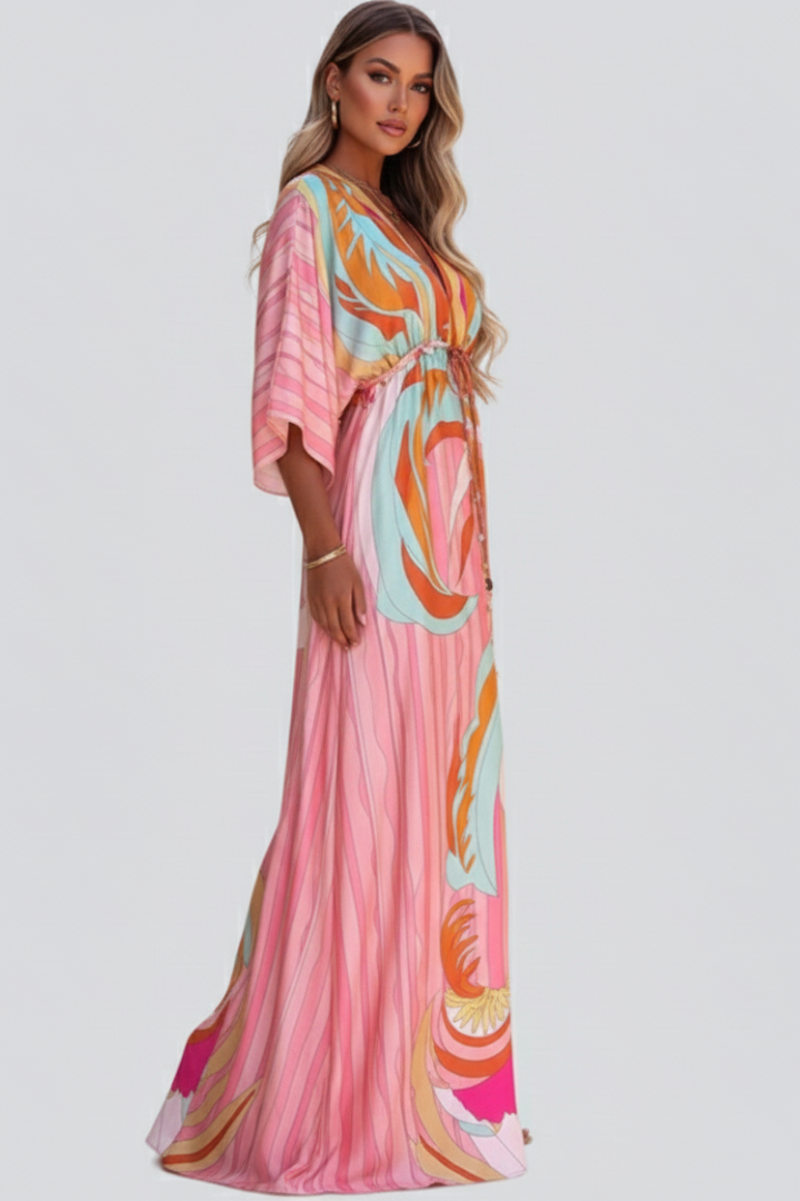 Ruby Women's Printed V-Neck Belted Maxi Dress