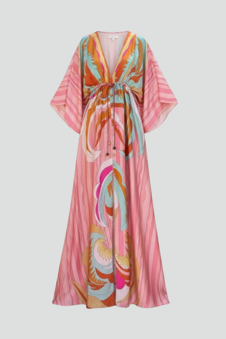 Ruby Women's Printed V-Neck Belted Maxi Dress
