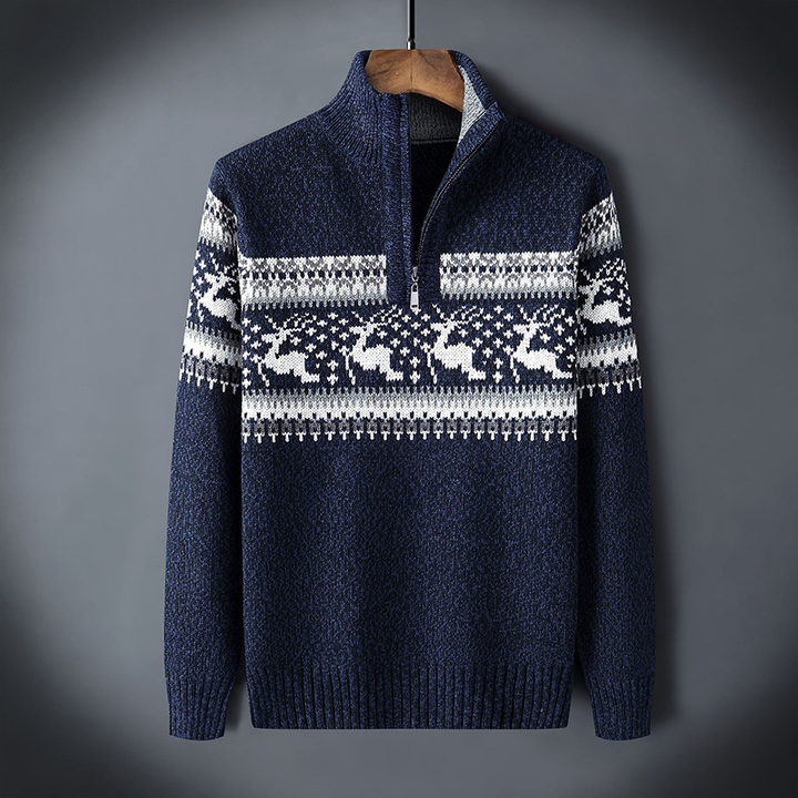 Men’s Nordic Reindeer Knit Sweater – Half-Zip Winter Pullover