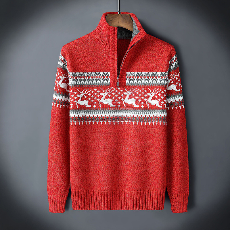 Men’s Nordic Reindeer Knit Sweater – Half-Zip Winter Pullover