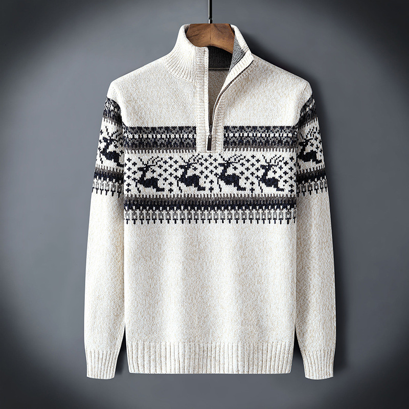 Men’s Nordic Reindeer Knit Sweater – Half-Zip Winter Pullover