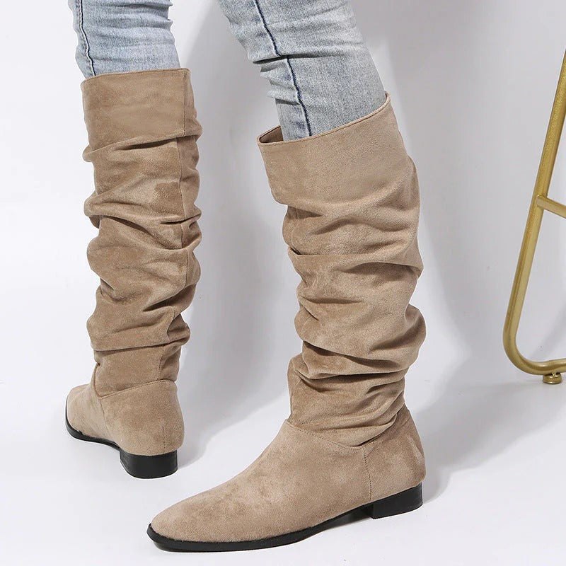 Women’s Pointed Toe Knee High Boots – Elegant Flat Sole Design