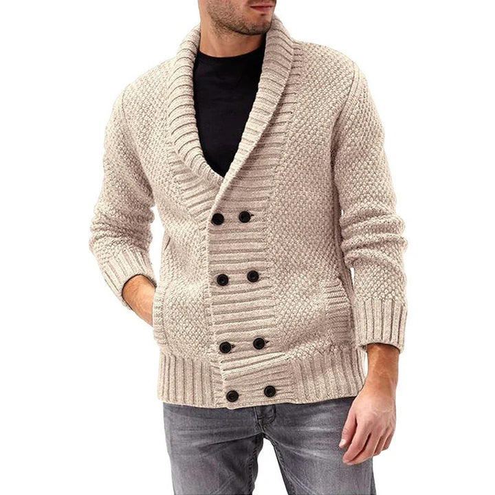 Men’s Double-Breasted Knit Cardigan – Textured Shawl Collar Sweater