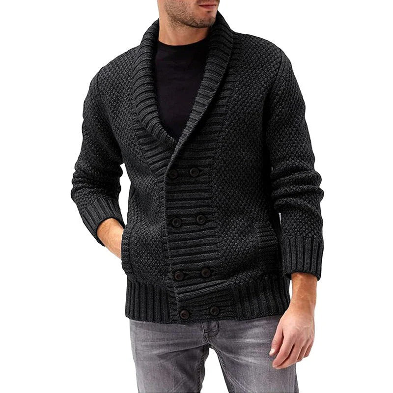 Men’s Double-Breasted Knit Cardigan – Textured Shawl Collar Sweater
