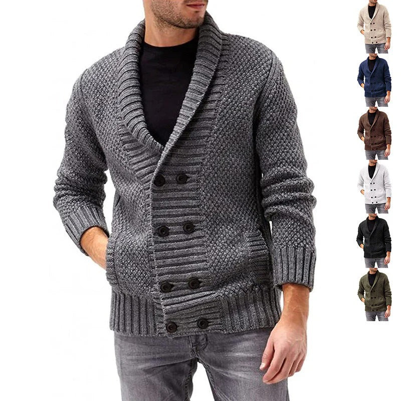 Men’s Double-Breasted Knit Cardigan – Textured Shawl Collar Sweater