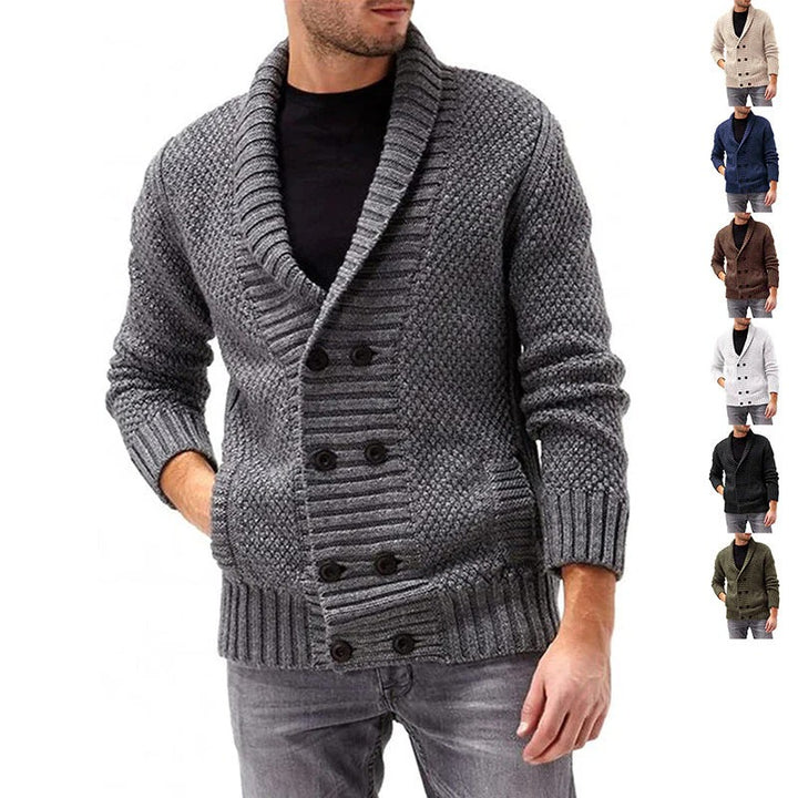 Men’s Double-Breasted Knit Cardigan – Textured Shawl Collar Sweater
