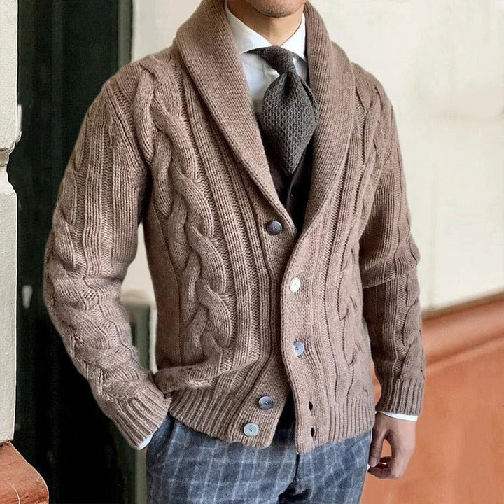 Men’s Heritage Cable Knit Cardigan – Classic Shawl Collar Button-Up