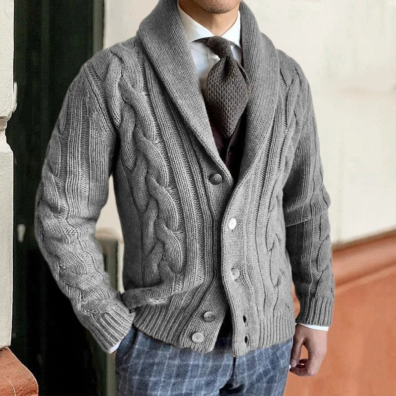 Men’s Heritage Cable Knit Cardigan – Classic Shawl Collar Button-Up