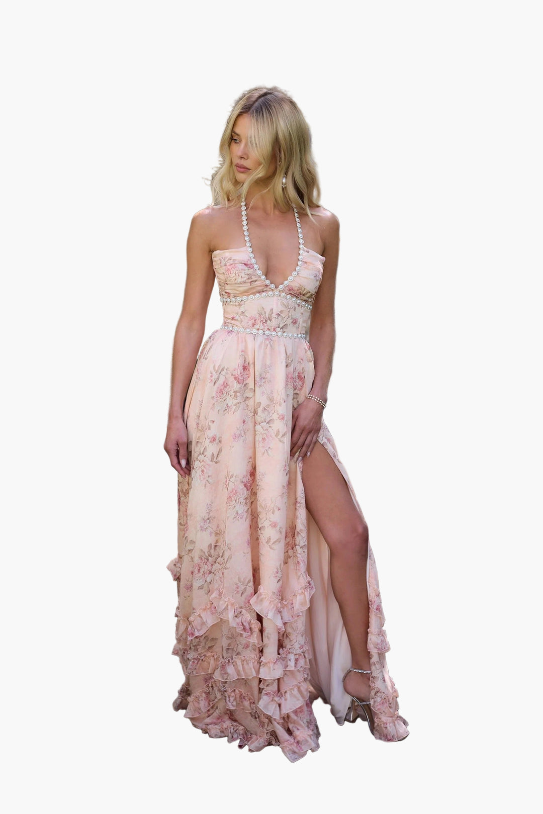Women’s Peach Floral Maxi Dress – Ruffled Halter Slit Gown