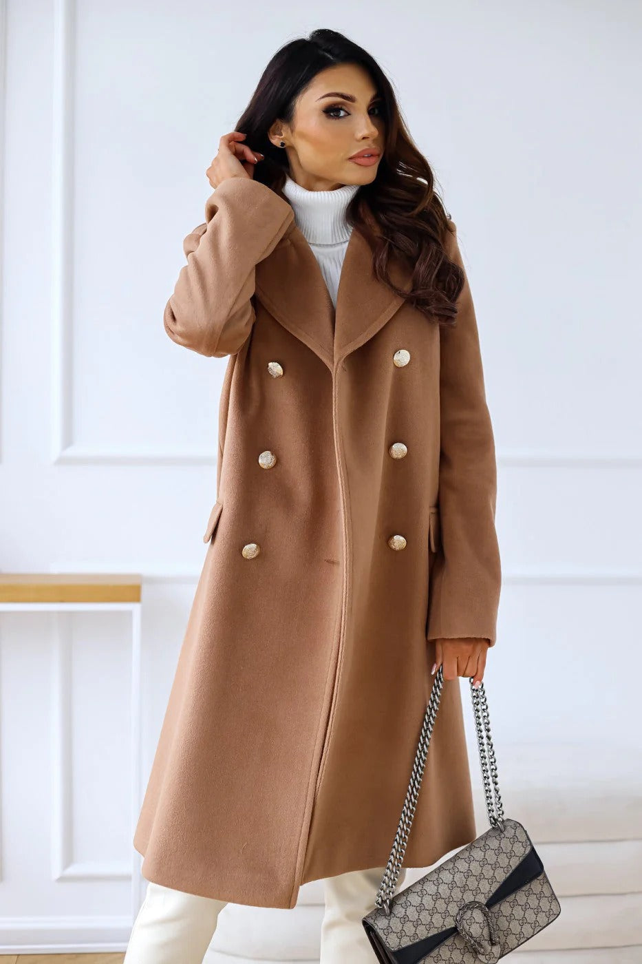Women’s Double-Breasted Longline Coat - Tailored Button Detail Overcoat