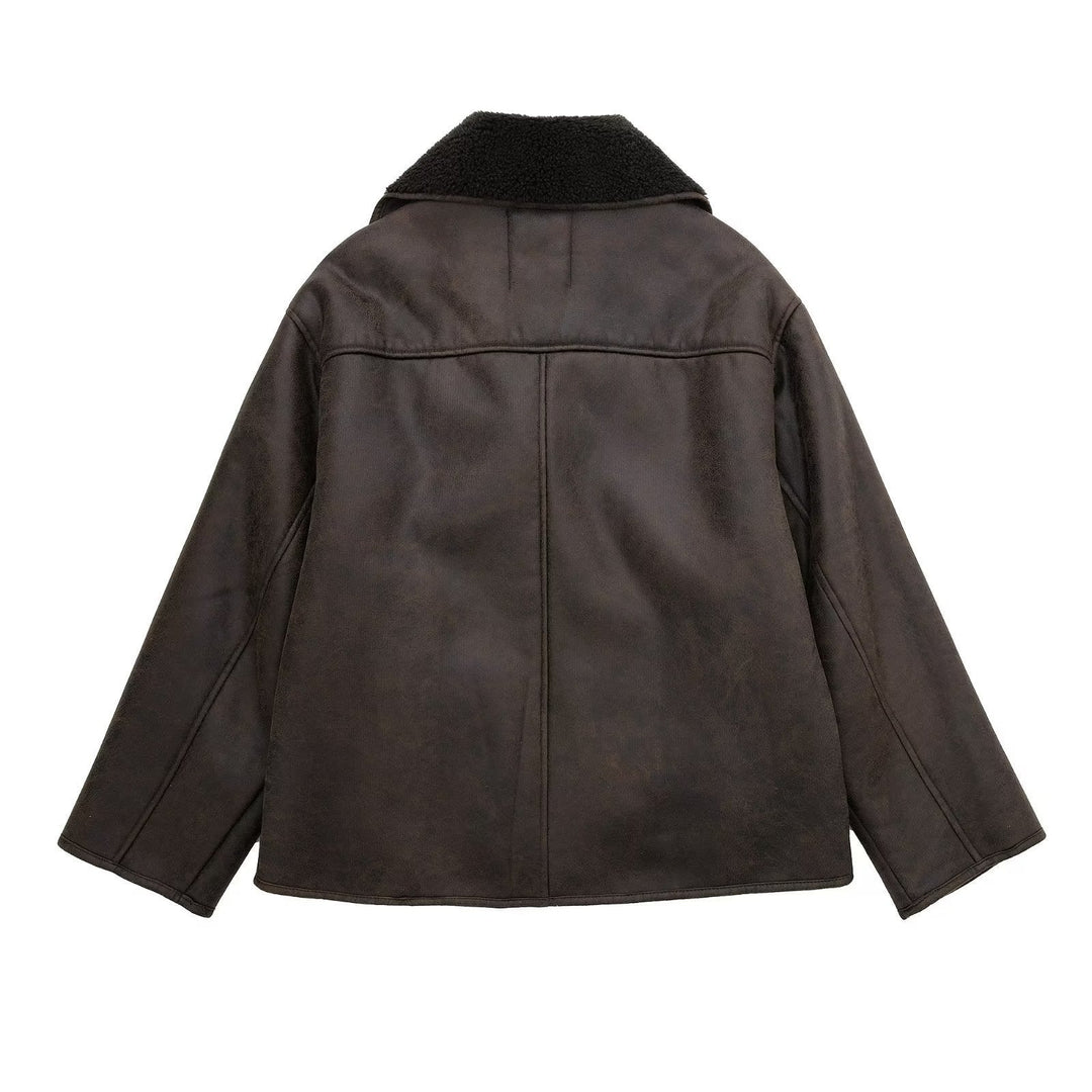 Women’s Shearling-Lined Faux Leather Jacket – Oversized Collar Short Coat