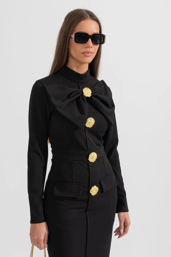 Women’s Aurelia Bow Detail Gold-Button Midi Dress