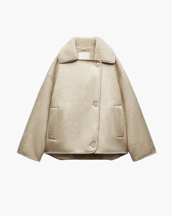 Women’s Shearling-Lined Faux Leather Jacket – Oversized Collar Short Coat