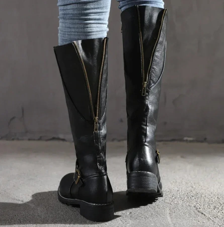 Women’s Classic Knee-High Riding Boots – Chic Buckle Strap Low-Heel Design