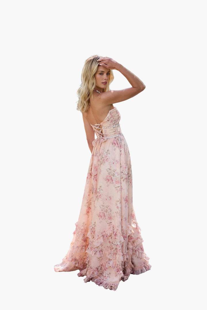 Women’s Peach Floral Maxi Dress – Ruffled Halter Slit Gown