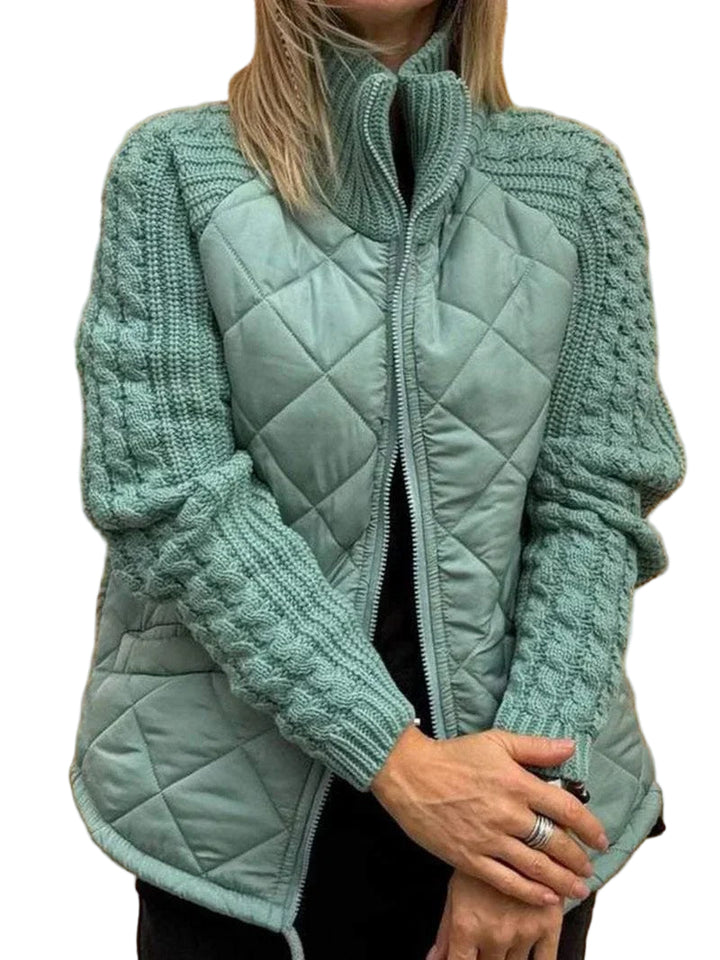 Women’s Quilted Zip Jacket with Knitted Sleeves – Casual Layered Style