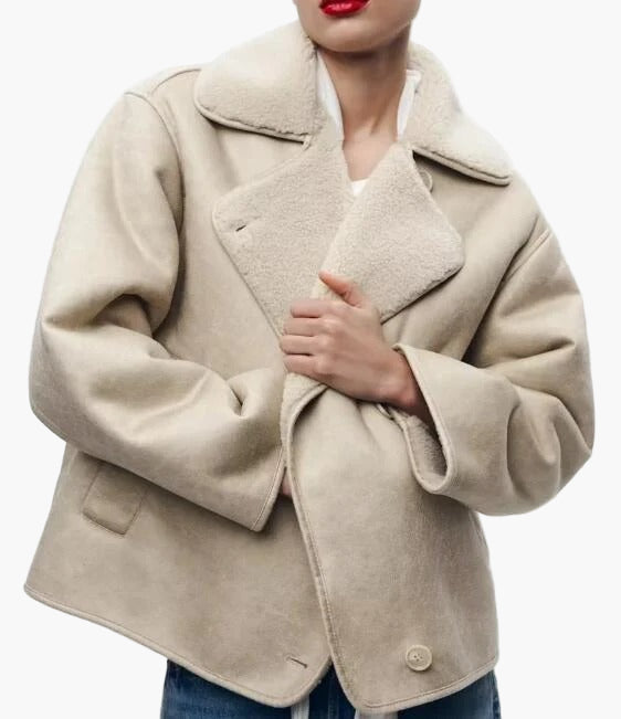 Women’s Shearling-Lined Faux Leather Jacket – Oversized Collar Short Coat