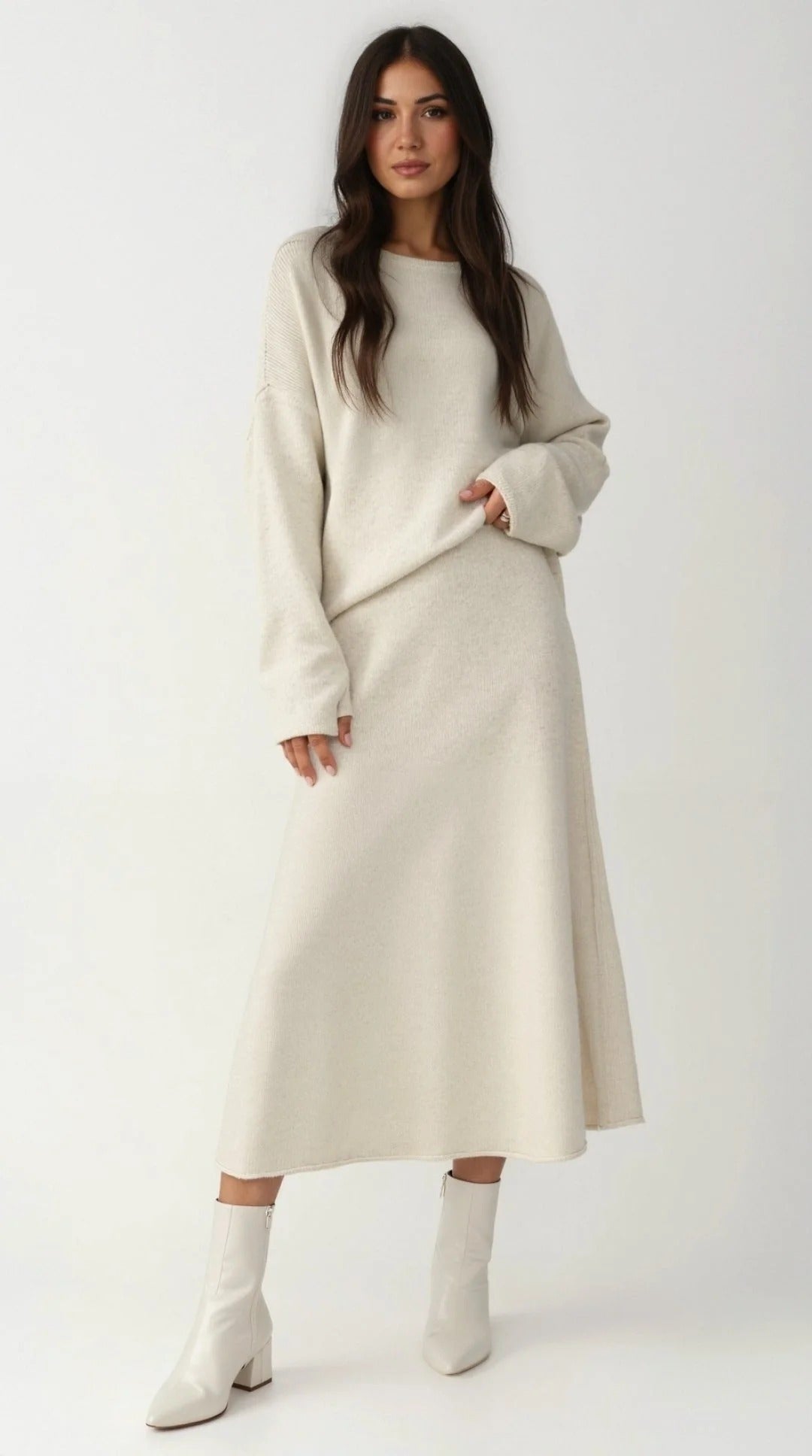 Women’s Seraphine Knit Two-Piece Midi Set – Relaxed Sweater & A-Line Skirt