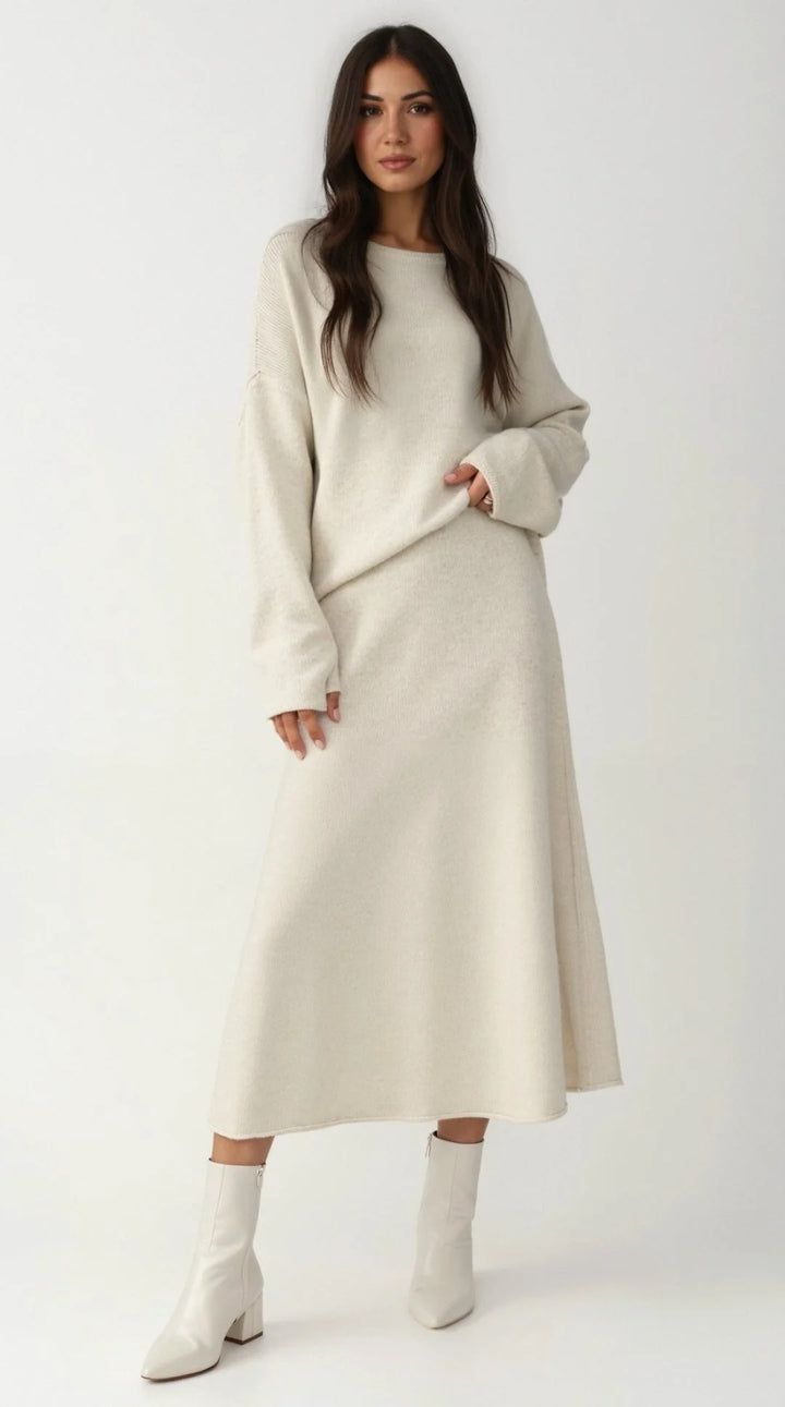 Women’s Seraphine Knit Two-Piece Midi Set – Relaxed Sweater & A-Line Skirt