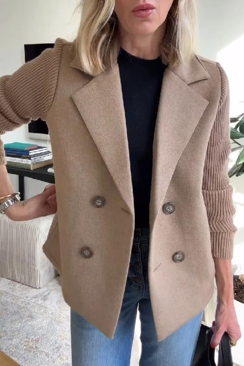 Women’s Chic Knit-Sleeve Double-Breasted Jacket – Casual Soft Short Coat