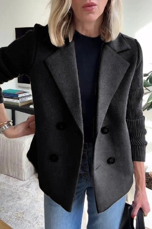 Women’s Chic Knit-Sleeve Double-Breasted Jacket – Casual Soft Short Coat