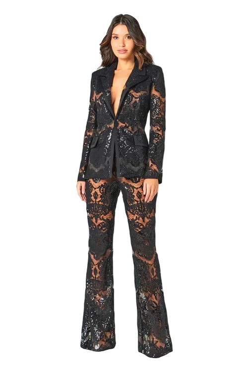 Women’s Sequin Lace Blazer and Trousers Set – Elegant Evening Ensemble