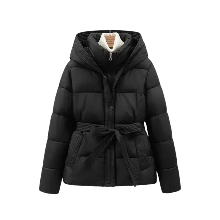 Women’s Hooded Puffer Jacket with Belt – Short Winter Coat