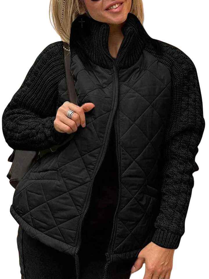 Women’s Quilted Zip Jacket with Knitted Sleeves – Casual Layered Style