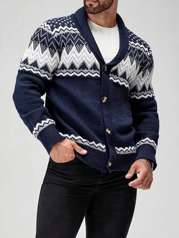 Men’s Nordic Pattern Button-Up Knit Cardigan – Winter Shawl Collar Sweater