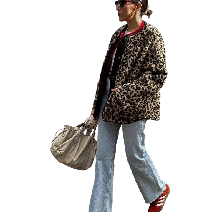 Women’s Leopard Print Button Jacket – Casual Chic Outerwear