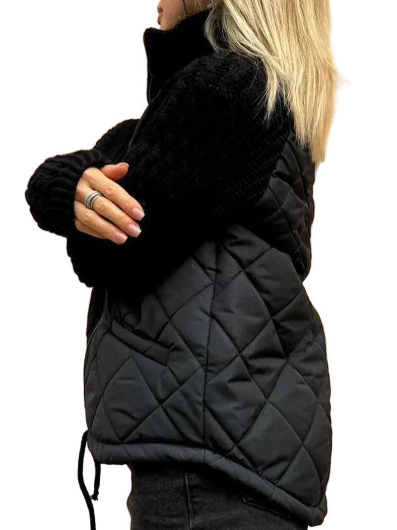 Women’s Quilted Zip Jacket with Knitted Sleeves – Casual Layered Style