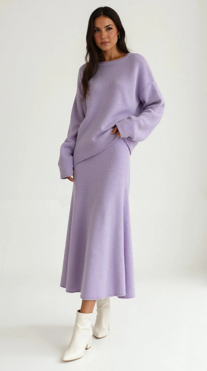 Women’s Seraphine Knit Two-Piece Midi Set – Relaxed Sweater & A-Line Skirt