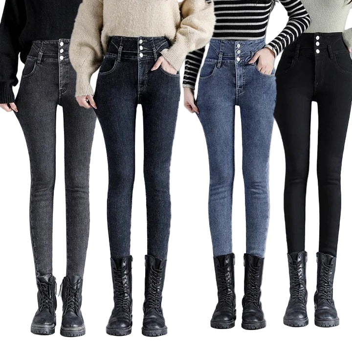 Women’s High-Waist Fleece-Lined Jeans – Warm Slim Fit Winter Style