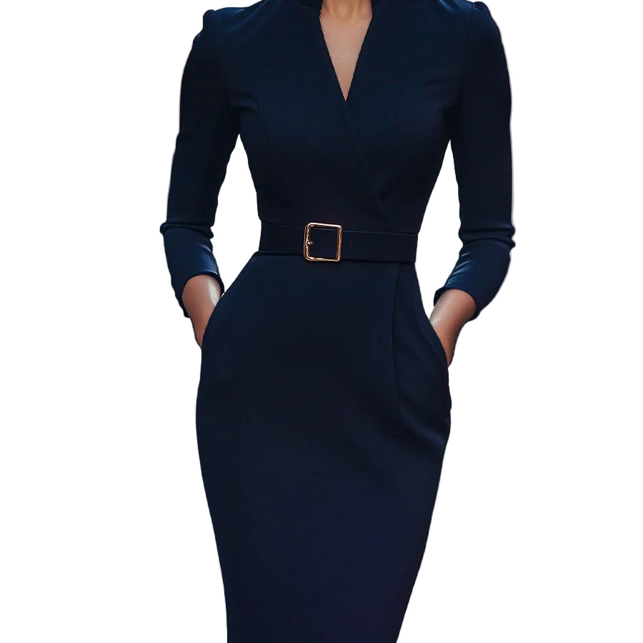 Women’s Belted Mandarin Collar Sheath Dress