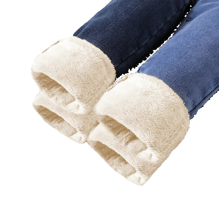 Women’s High-Waist Fleece-Lined Jeans – Warm Slim Fit Winter Style