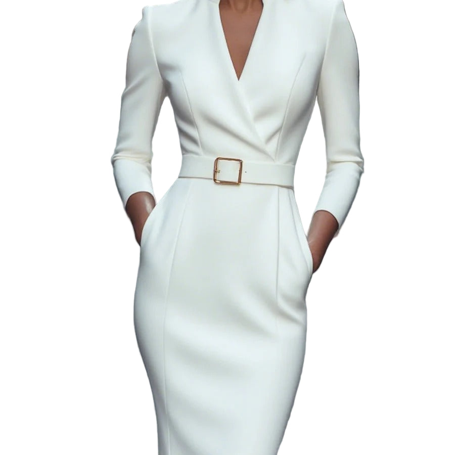 Women’s Belted Mandarin Collar Sheath Dress