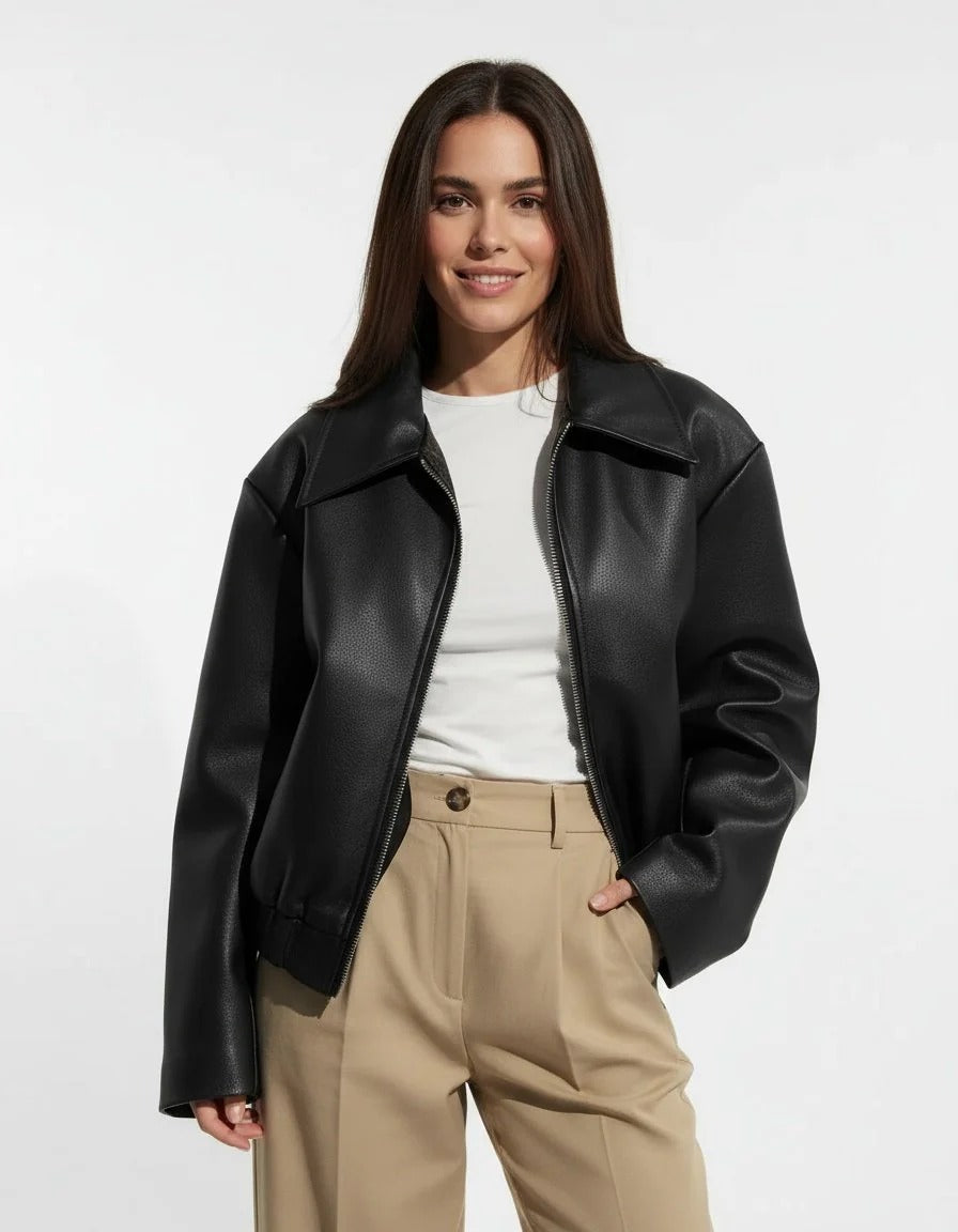 Women’s Arlette Minimalist Zip-Up Leather Jacket