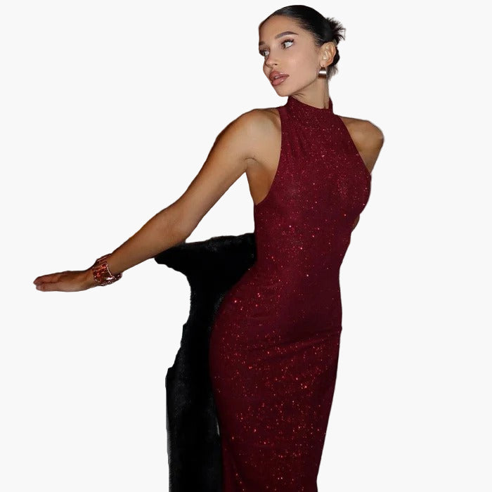 Women’s Shimmering High Neck Maxi Dress